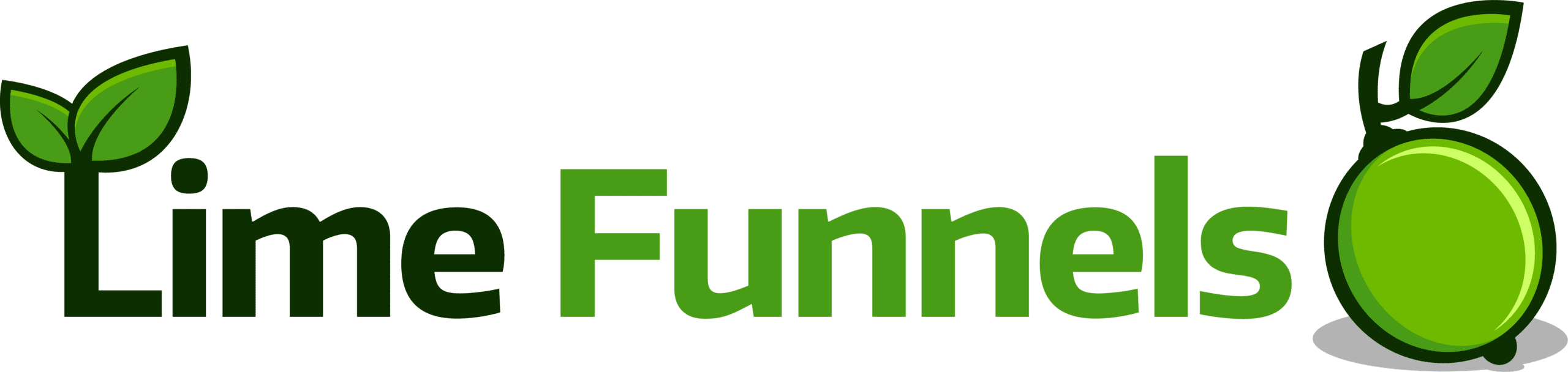 Logo for Lime Funnels featuring two green leaves sprouting from the letter 'L' in 'Lime,' with the text 'Lime Funnels' written in a gradient of dark green to light green