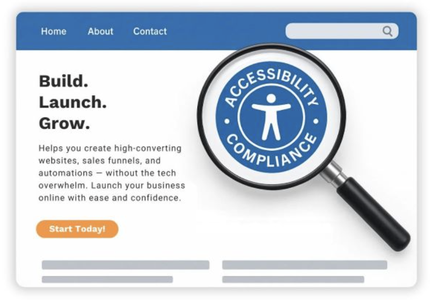 Magnifying glass over a website with "ACCESSIBILITY COMPLIANCE" and an accessibility icon