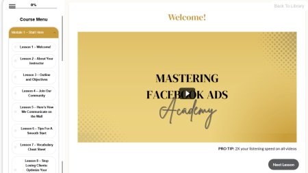 A "Mastering Facebook Ads Academy" course interface with a video player and a course menu on the left side.