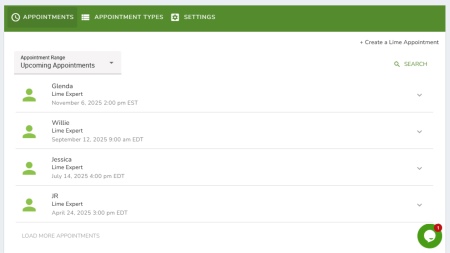 An "Appointments" dashboard displaying a list of upcoming appointments with "Lime Expert" individuals like Glenda, Willie, Jessica, and JR