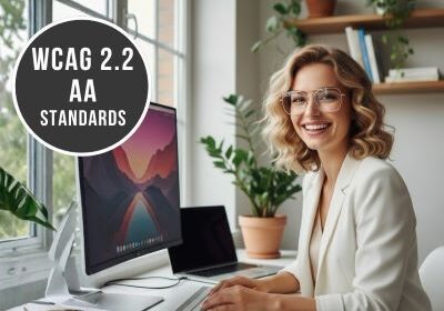 Smiling woman typing on a laptop with a "WCAG 2.2 AA STANDARDS" overlay