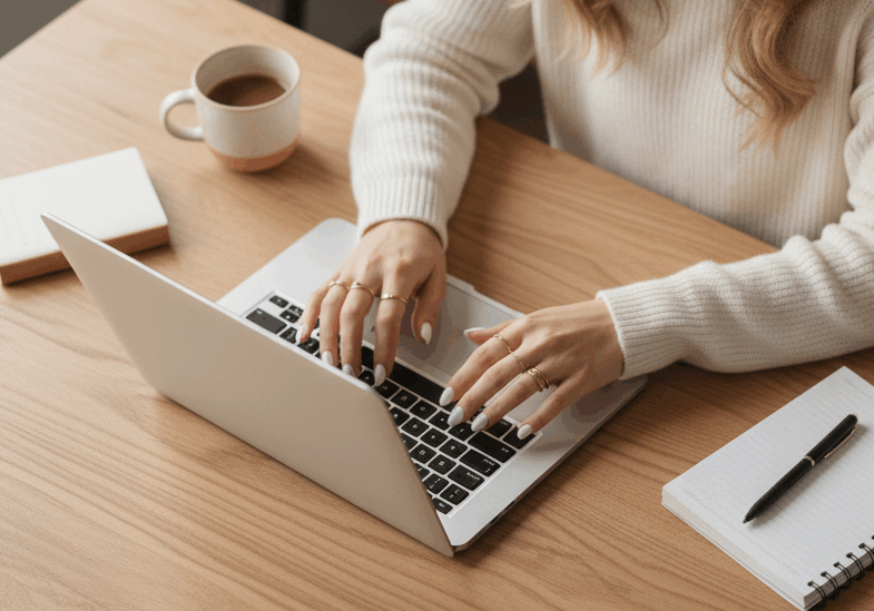 a young 20 year old female typing at her computer. She has some cute simple gold rings on and her nails are painting white.